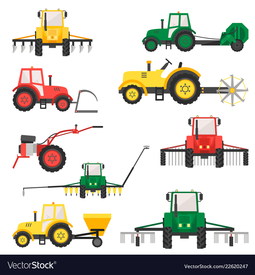 Agricultural harvesting vehicles set with tractor Vector Image