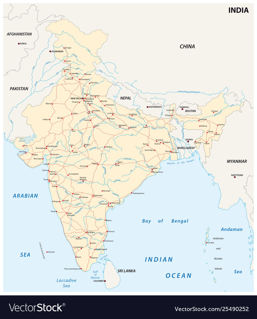 India Full Road Map India Road Map With Main Cities Royalty Free Vector Image