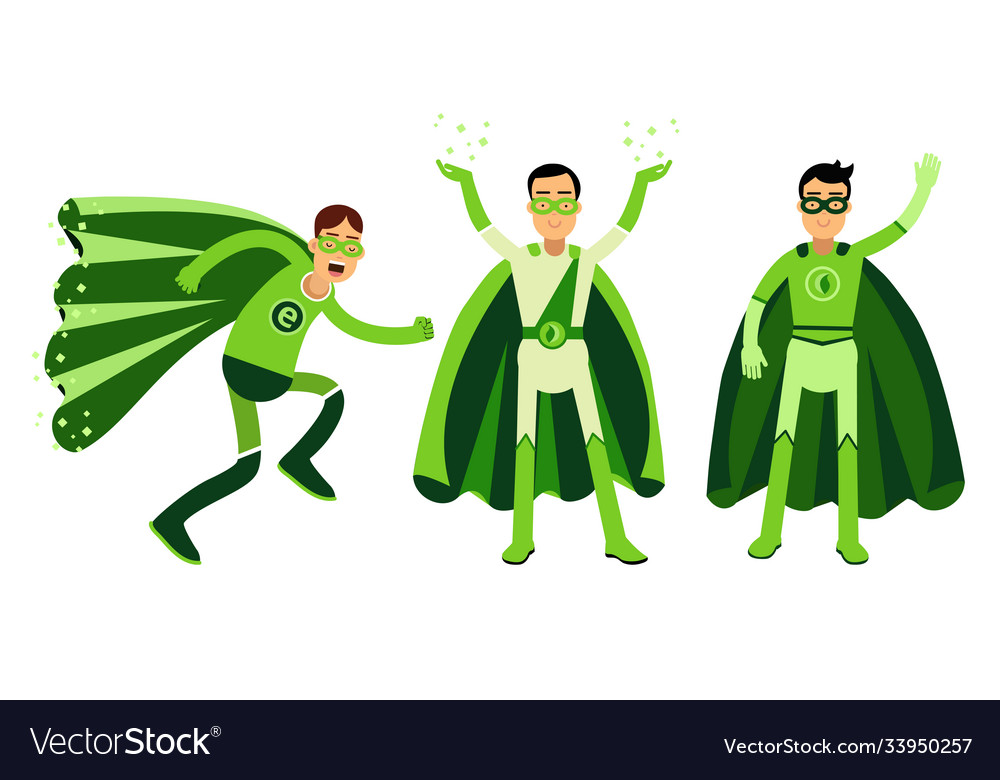 Smiling man in green eco superhero costumes Vector Image Smiling man in green eco superhero costumes Vector Image