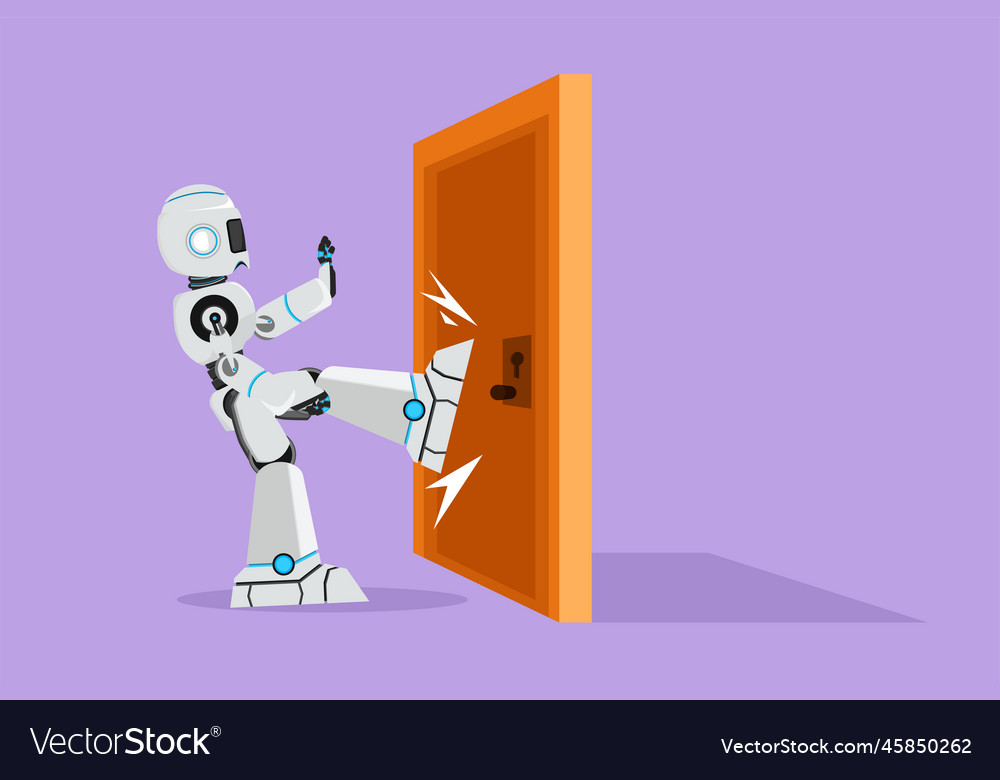 Cartoon flat style drawing robot kicks door Vector Image