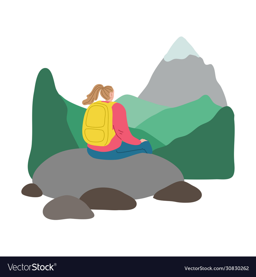 Young woman traveler with backpack sitting Vector Image