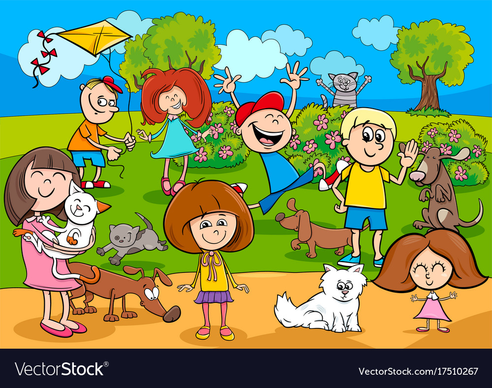 Cartoon kids with pets in the park Royalty Free Vector Image