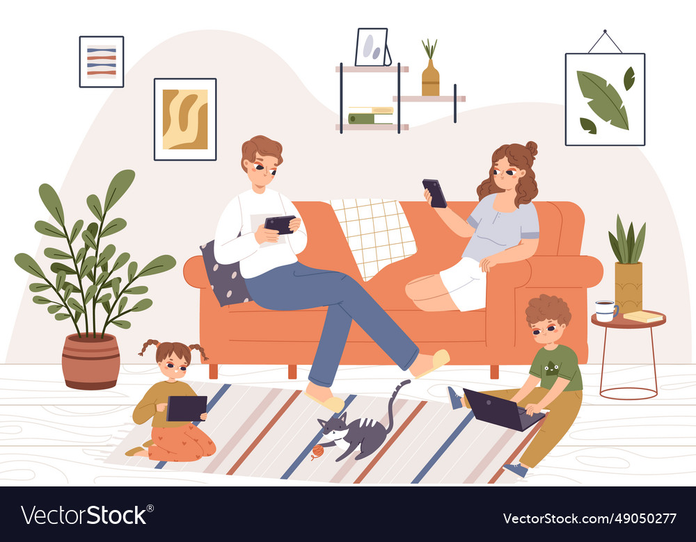 Family using gadgets at home evening in living Vector Image