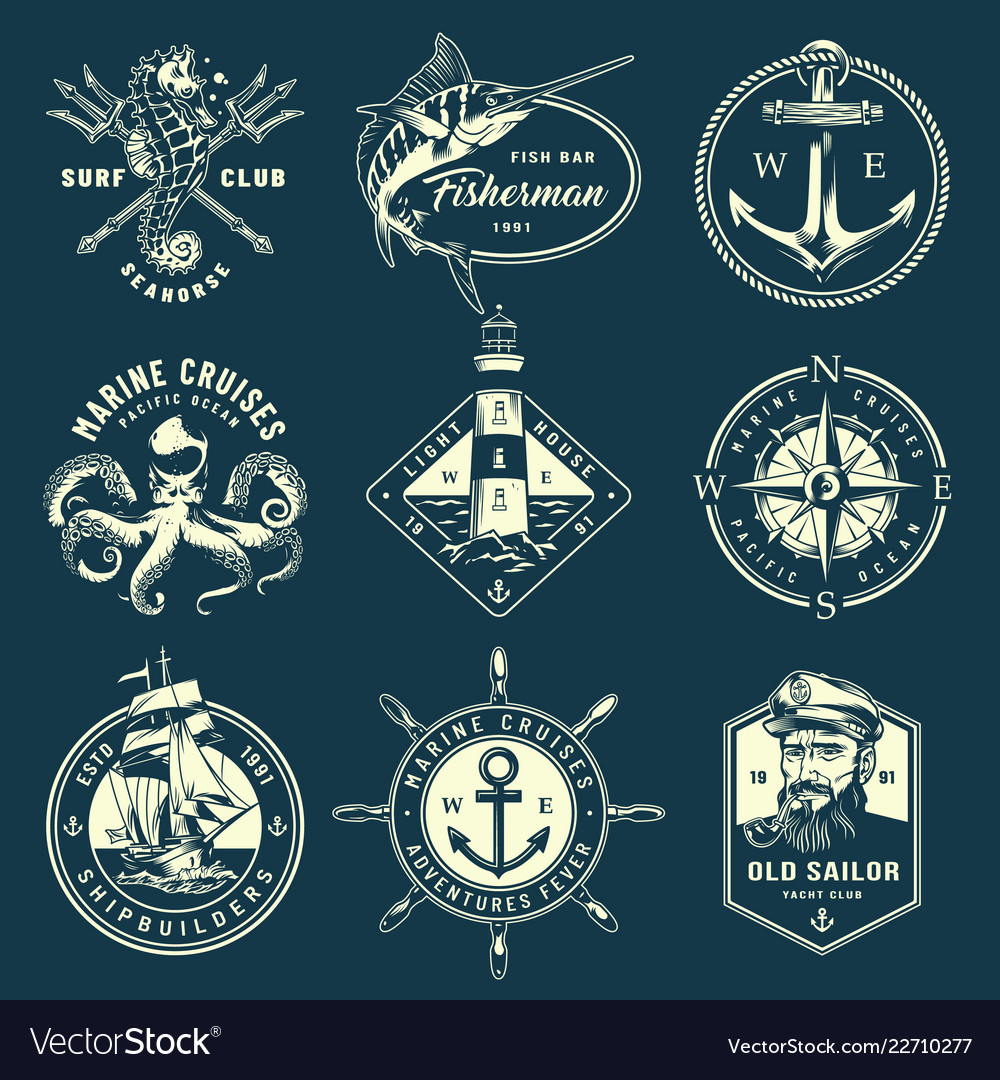 Vintage Monochrome Marine Labels Royalty Free Vector Image