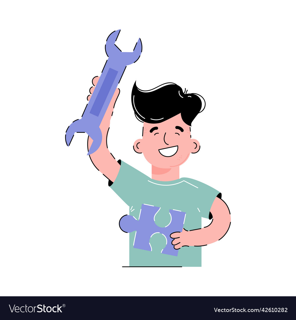 Guy holds a wrench and a puzzle in his hands Vector Image