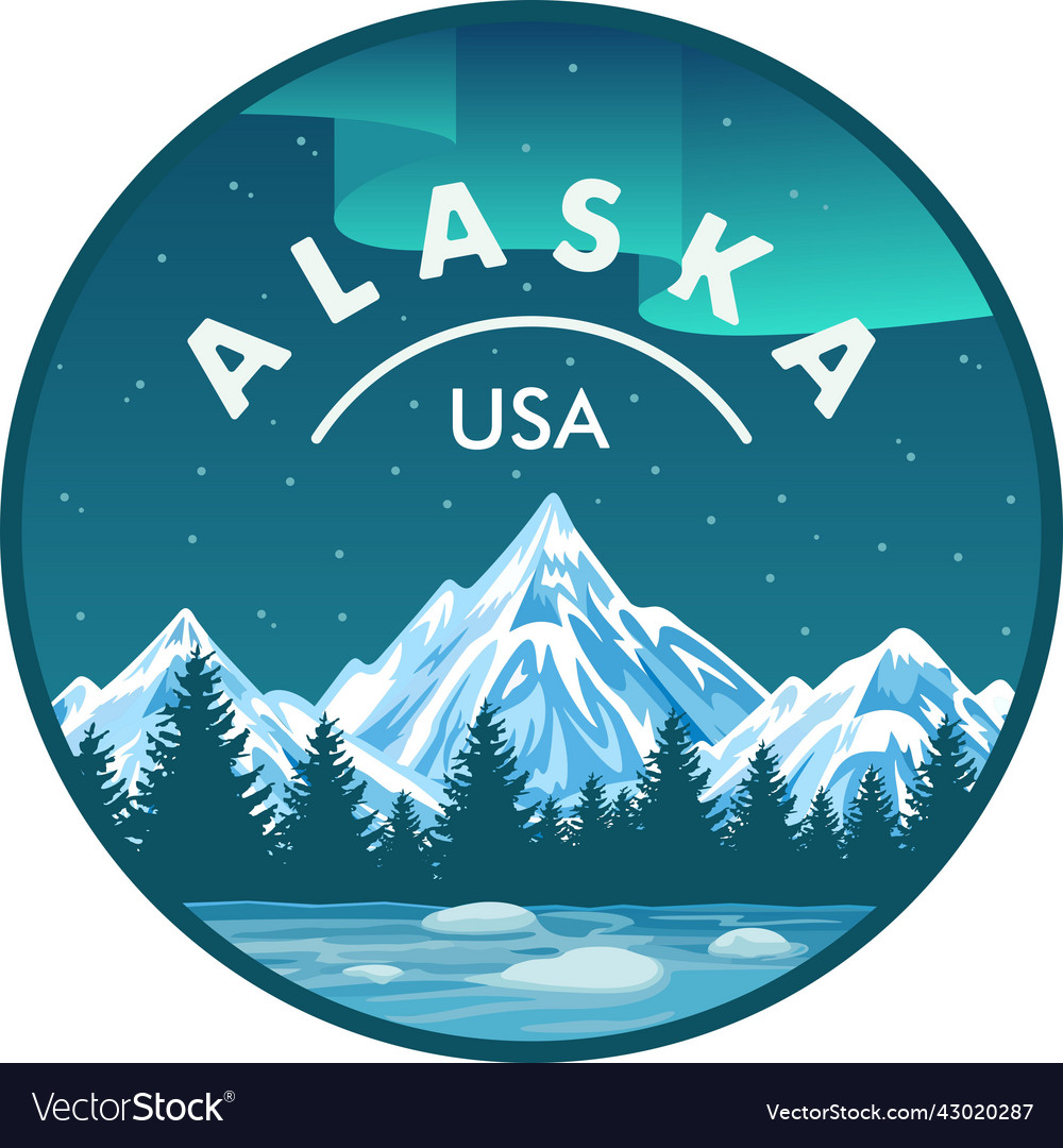 Alaska label with northern lights Royalty Free Vector Image