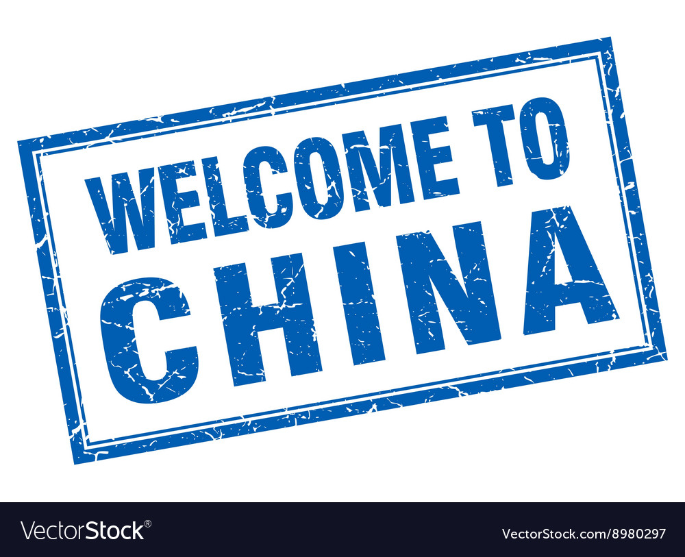 China blue square grunge welcome isolated stamp Vector Image