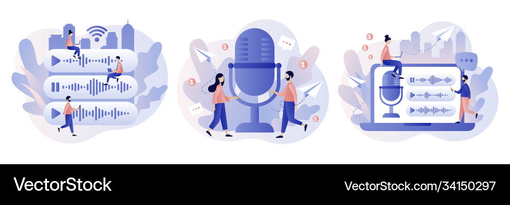 Voice messages concept tiny people use microphone Vector Image