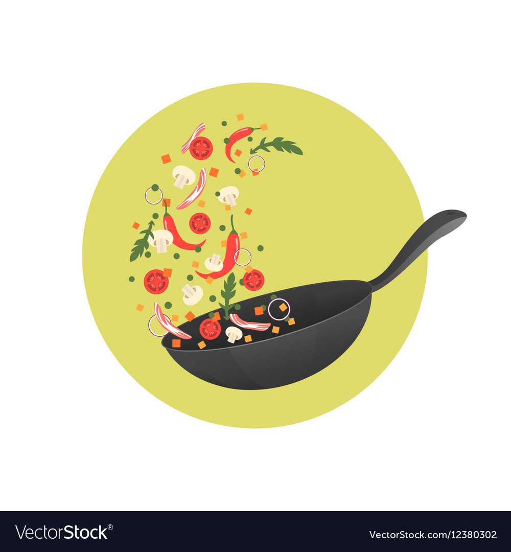 Cooking Process Flipping Asian Food In A Pan Vector Image