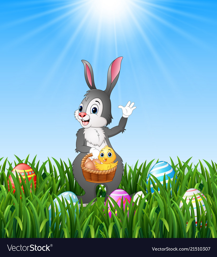 Easter bunny holding a basket with easter egg and Vector Image