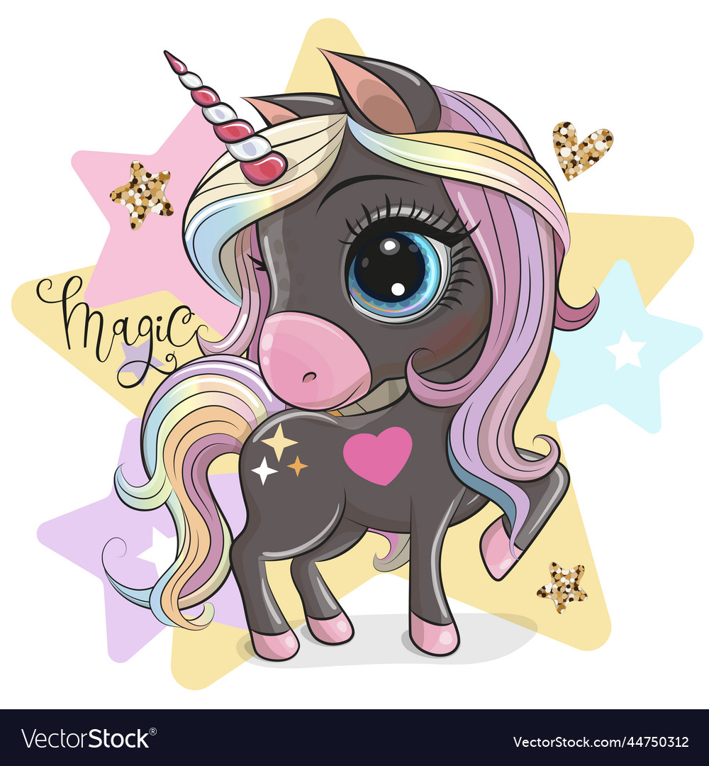 Cartoon unicorn with a rainbow mane on stars Vector Image