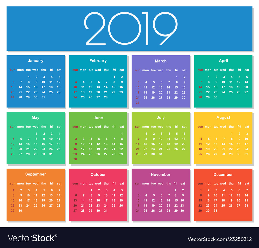 Colorful year 2019 calendar Royalty Free Vector Image