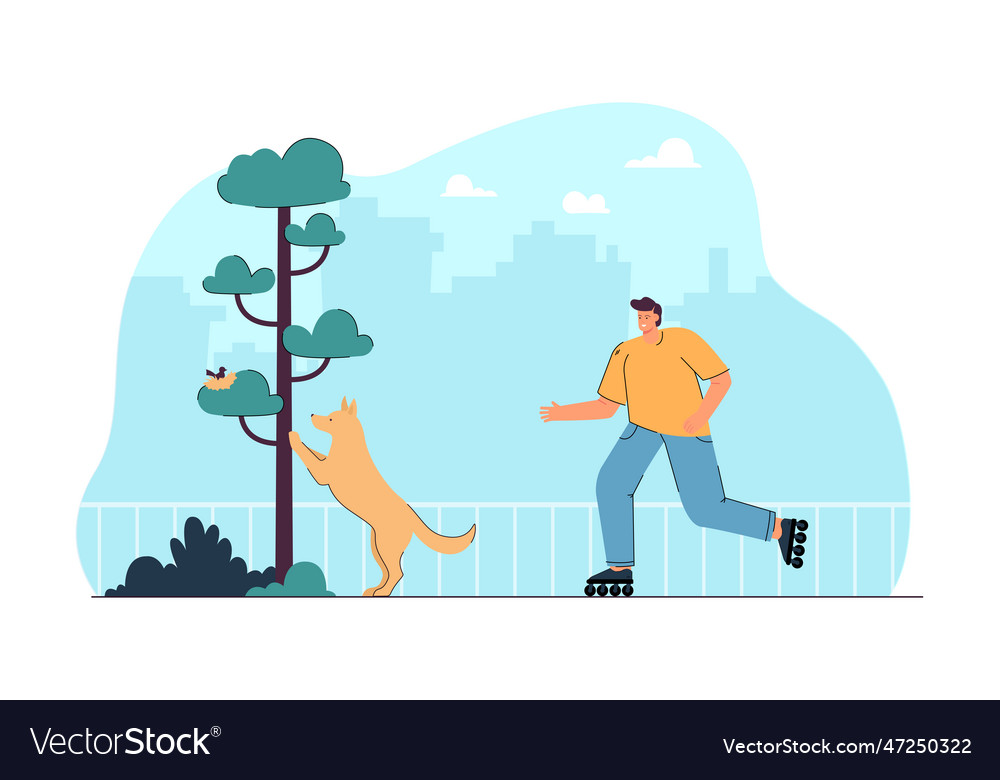 Cartoon dog owner on roller skates in park Vector Image