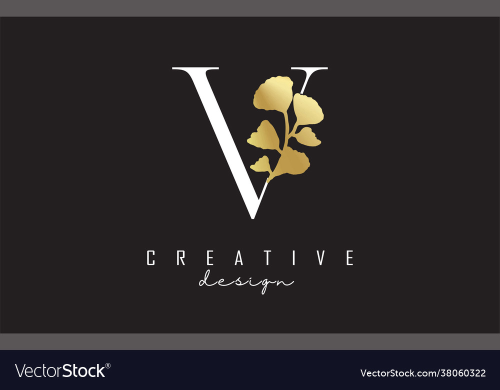 Creative white v letter logo design with golden Vector Image