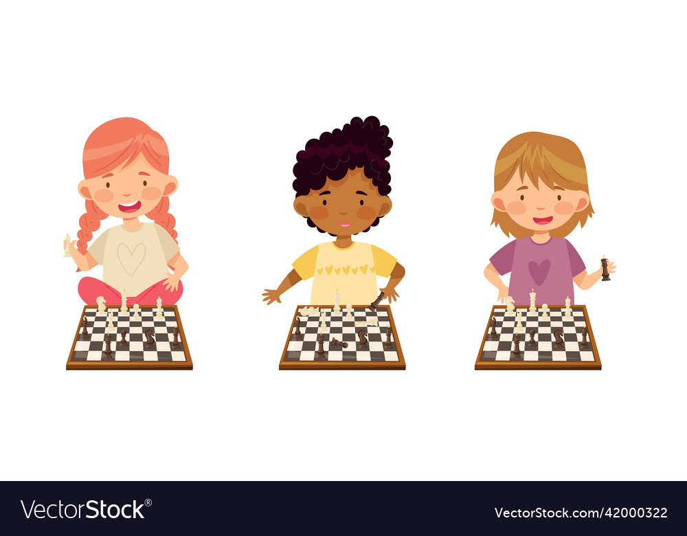 Cute little girls playing chess logic game cartoon