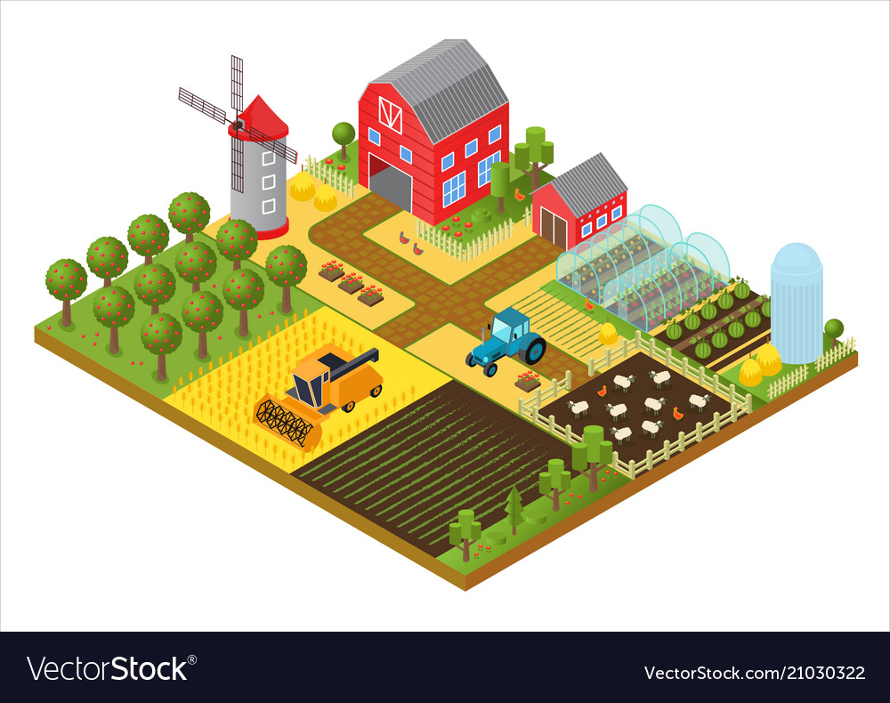 Rural farm 3d isometric template concept with mill