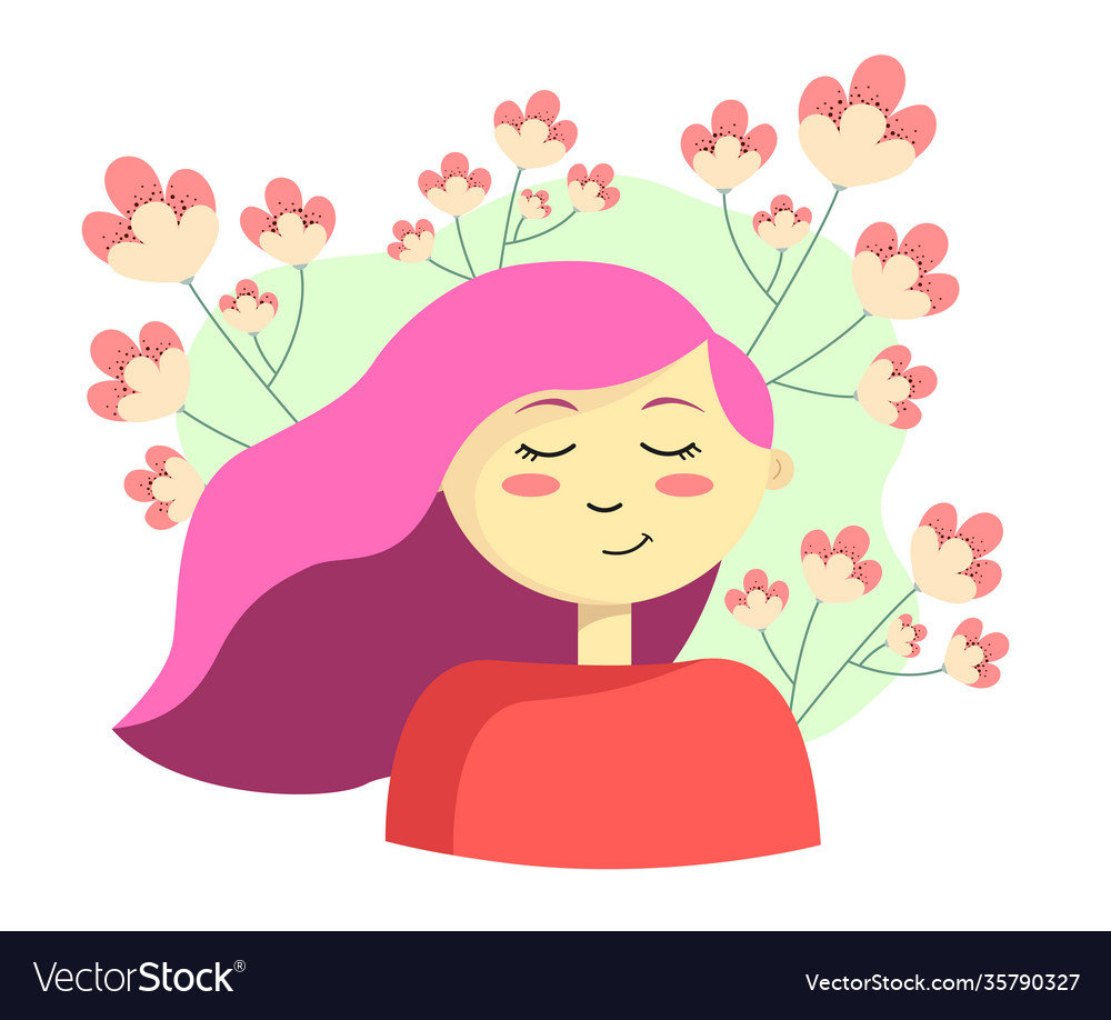 Girl with pink hair closed eyes and flowers Vector Image