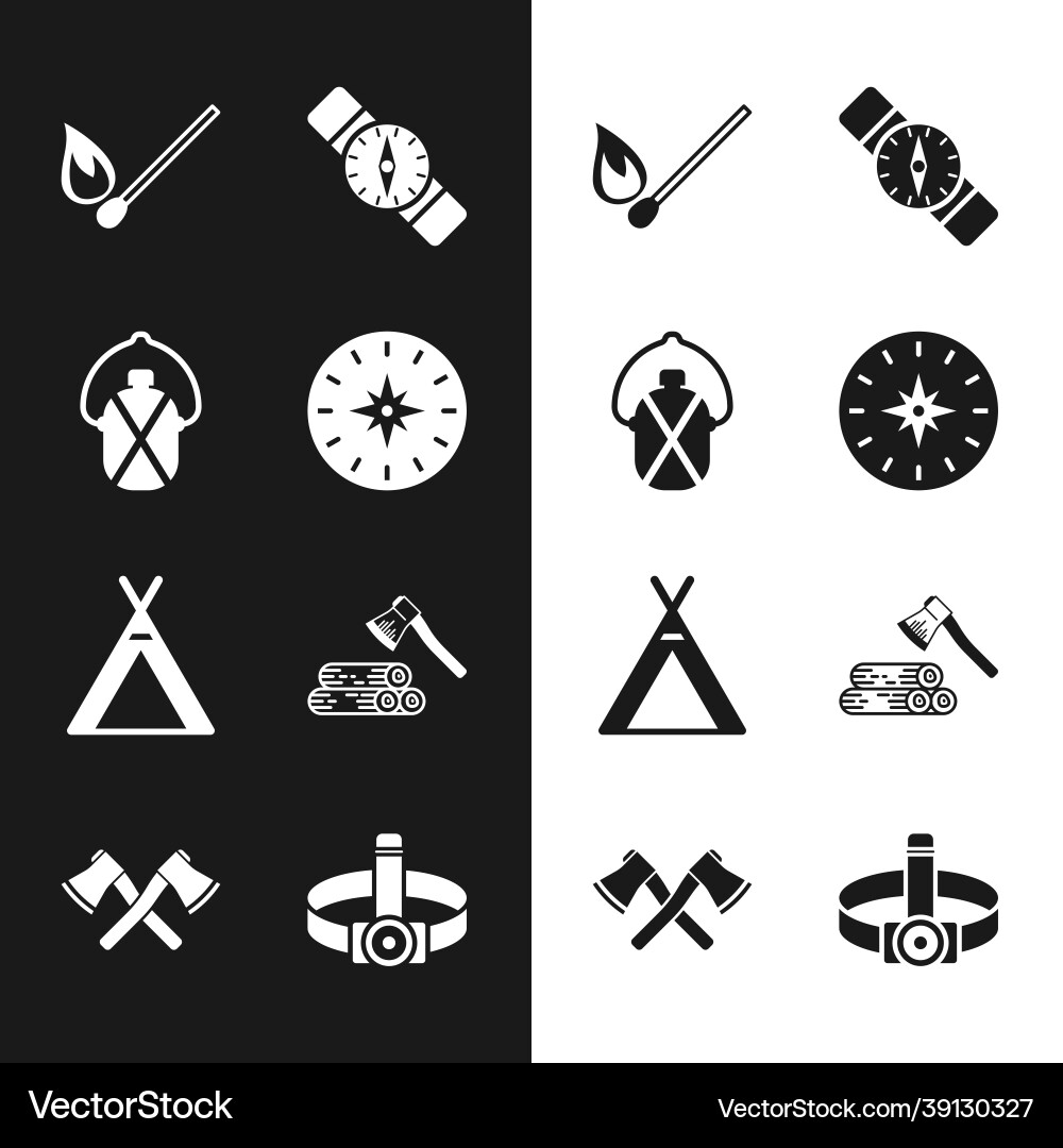 Set compass canteen water bottle burning match Vector Image