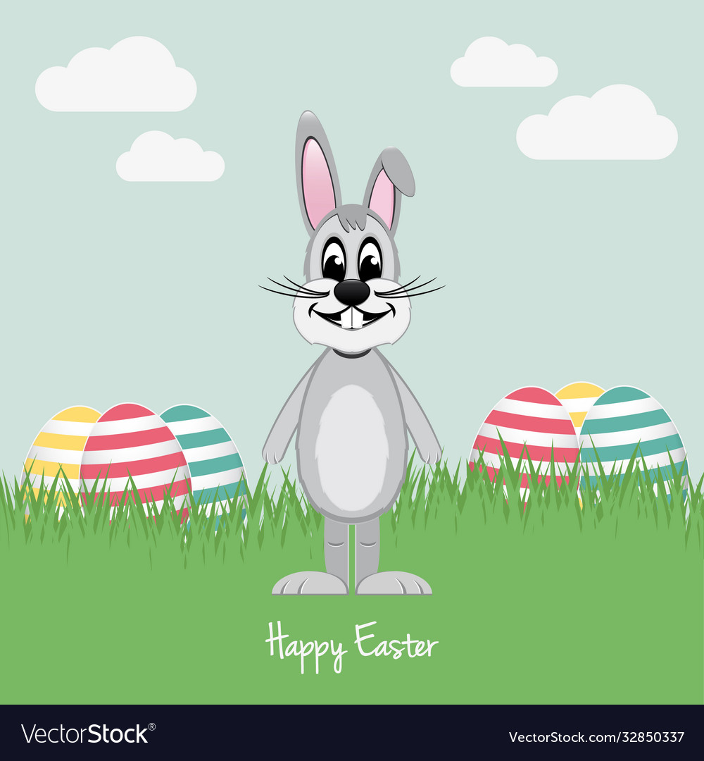 Gray bunny on green field colorful eggs Royalty Free Vector