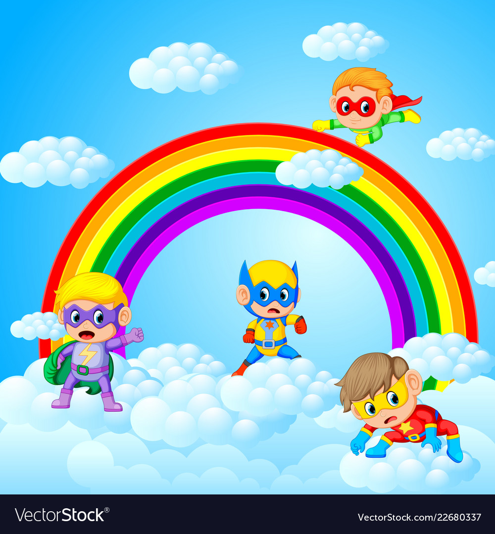 Happy kids playing superhero with sky scenery Vector Image