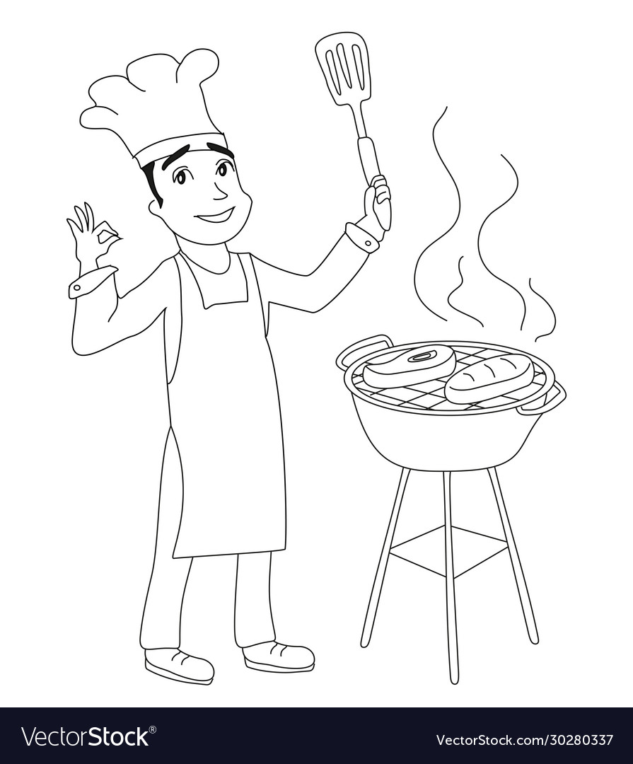 Man cooking meat on grill Royalty Free Vector Image