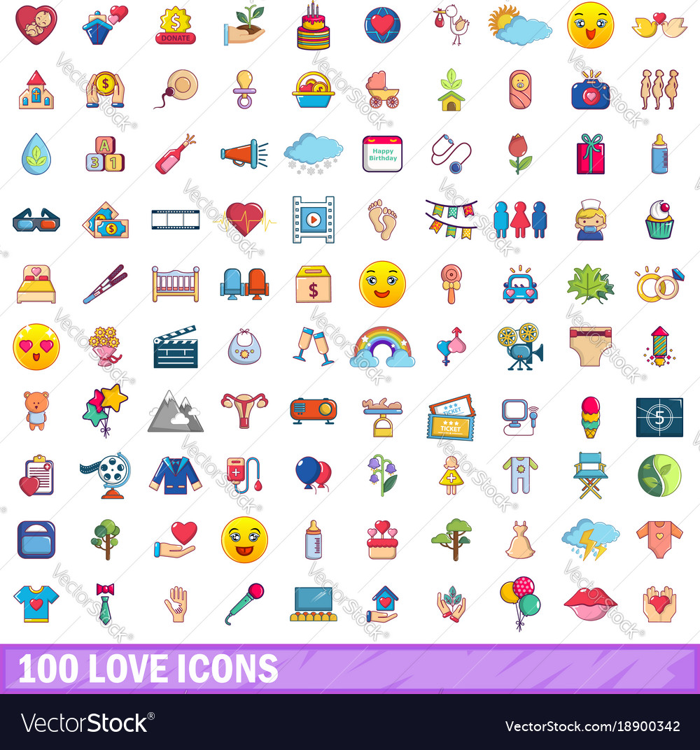 100 love icons set cartoon style Royalty Free Vector Image