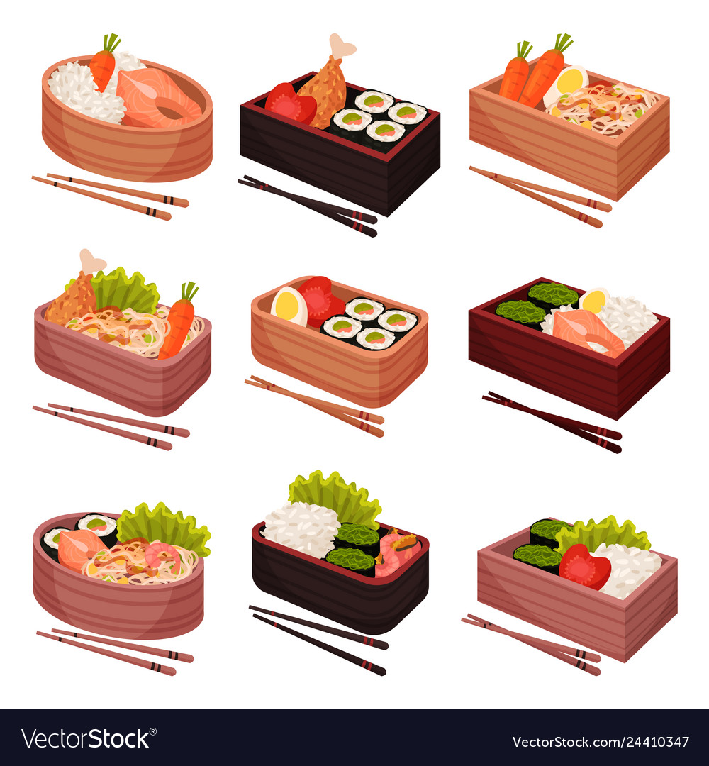 Japanese Food In Lunchbox On White Background Vector Image
