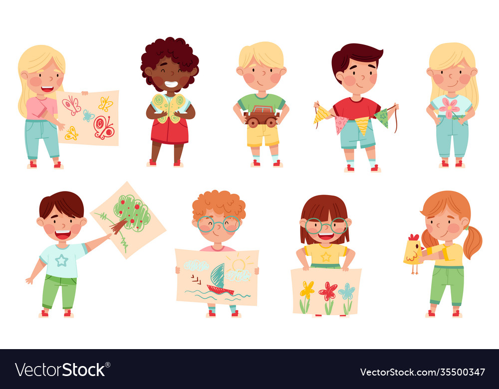 Kids artist showing their handcrafted item Vector Image