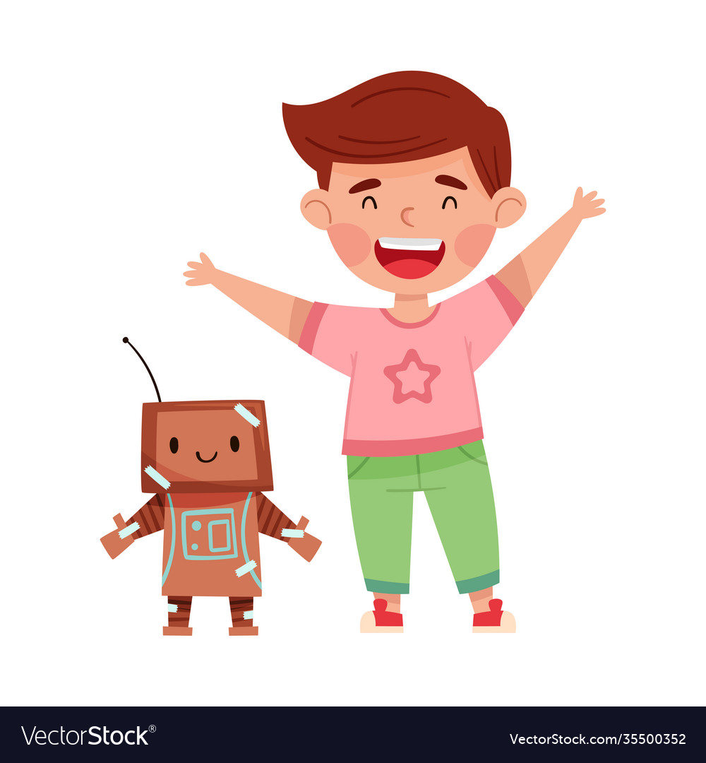 Excited Boy With Handcrafted Cardboard Robot Vector Image