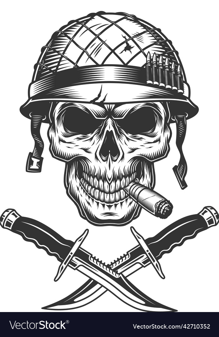 Vintage monochrome soldier skull smoking cigar Vector Image