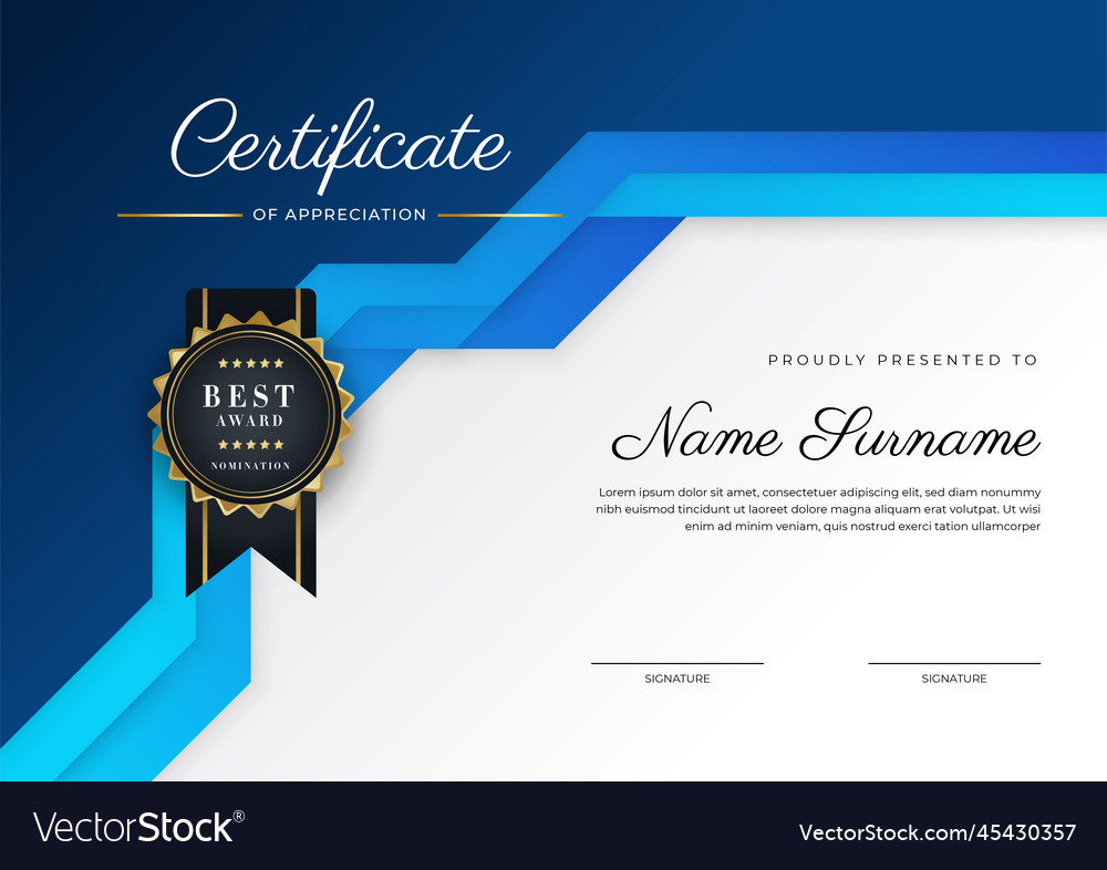 Blue and gold certificate of achievement template Vector Image