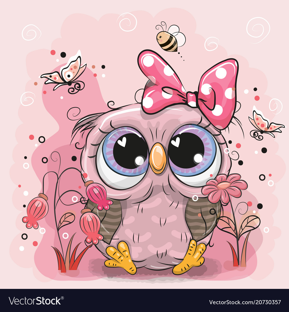 Cute owl with flowers and butterflies Royalty Free Vector