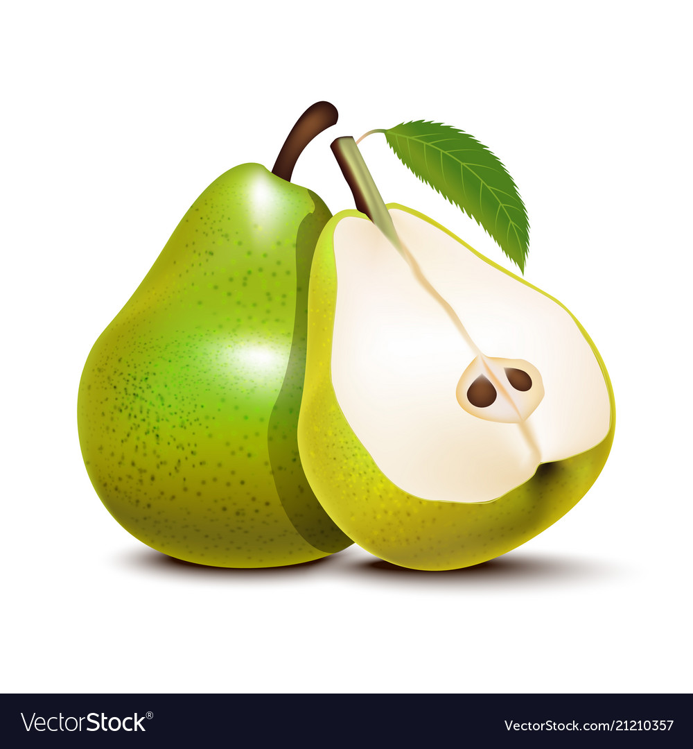 Realistic detailed 3d green whole pear and slices