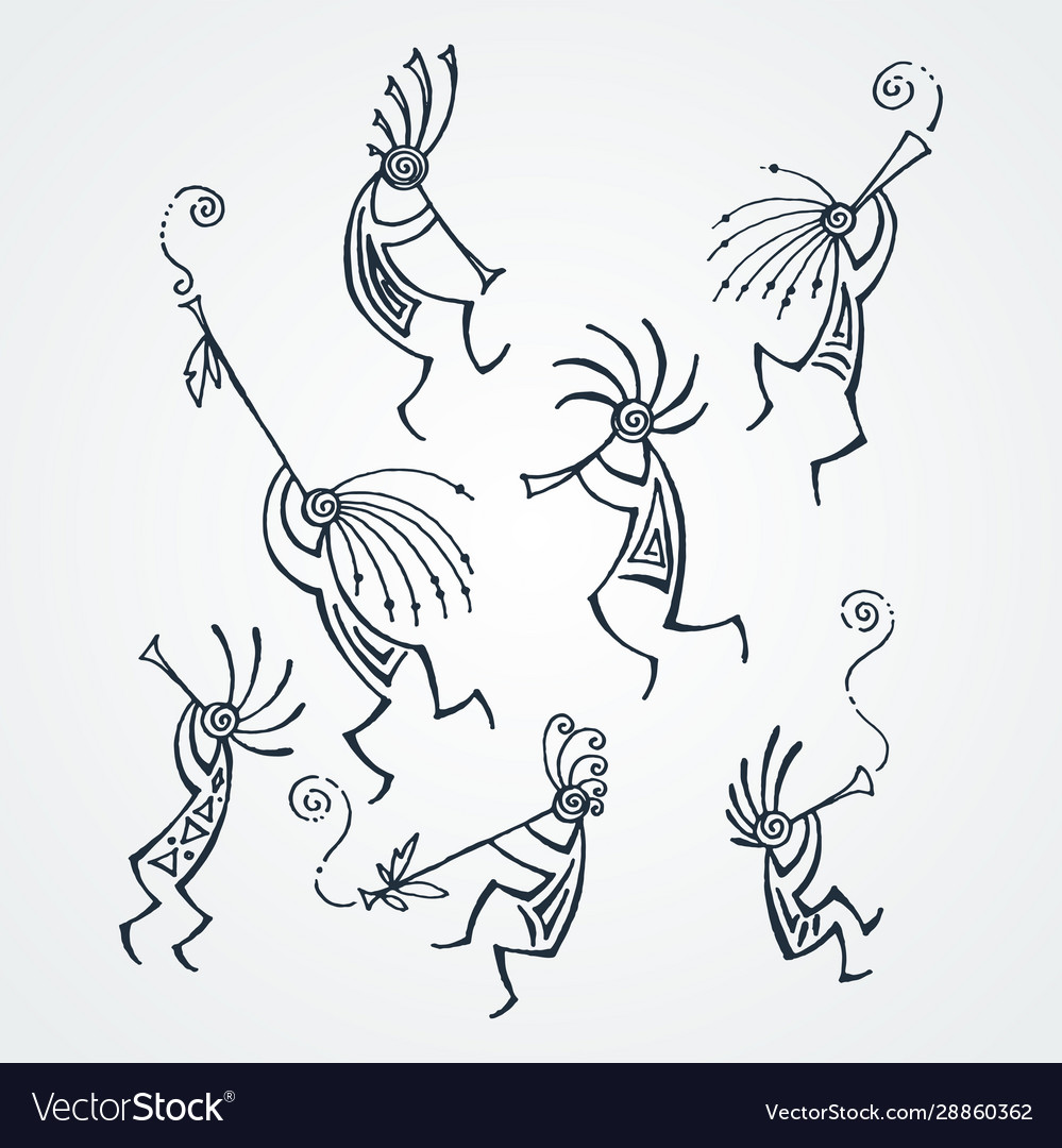 Hand drawn kokopelli figures stylized mythical Vector Image