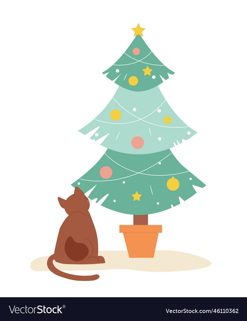 Winter Cat With Christmas Tree Royalty Free Vector Image