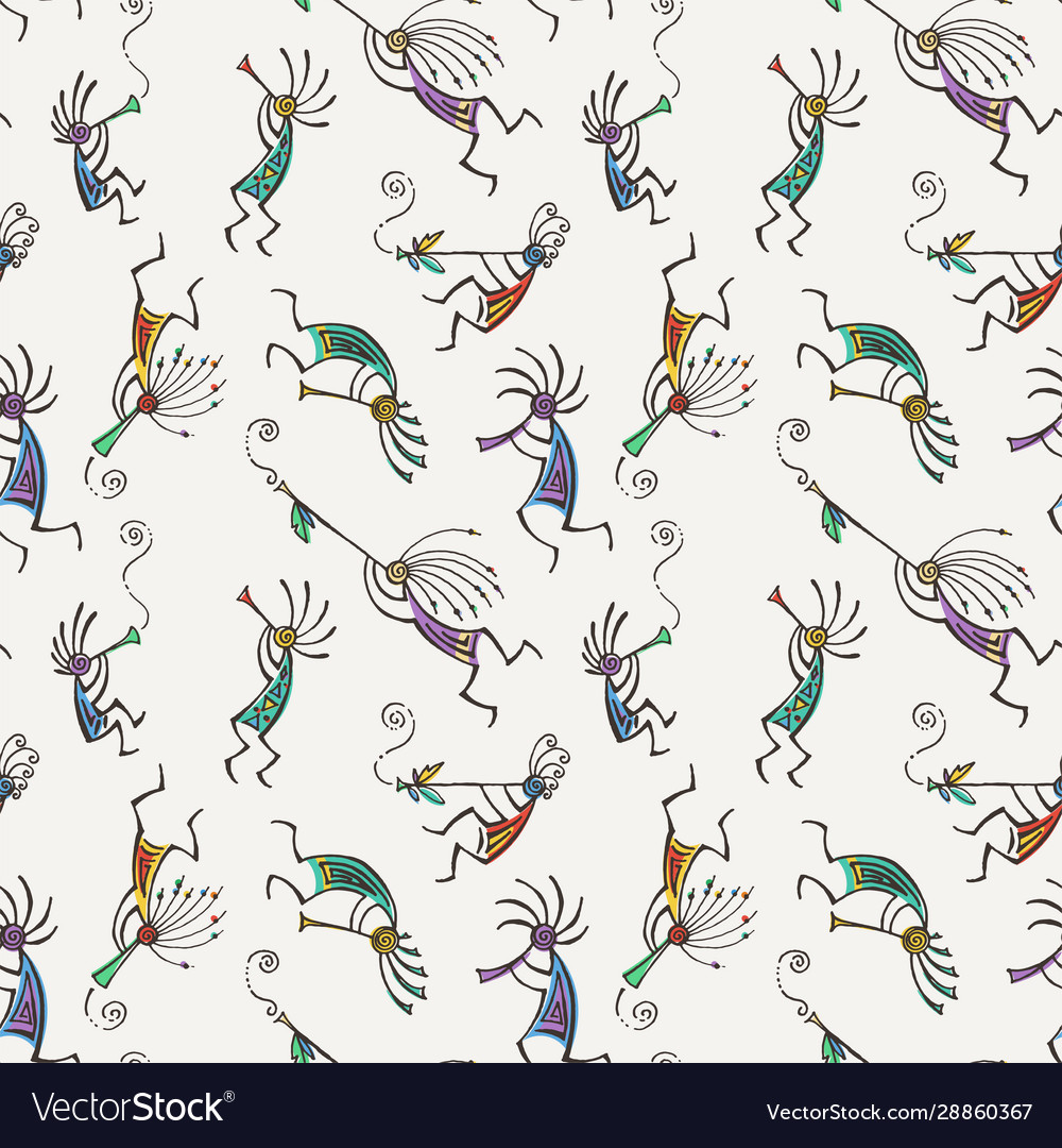 Hand Drawn Kokopelli Seamless Pattern Stylized Vector Image