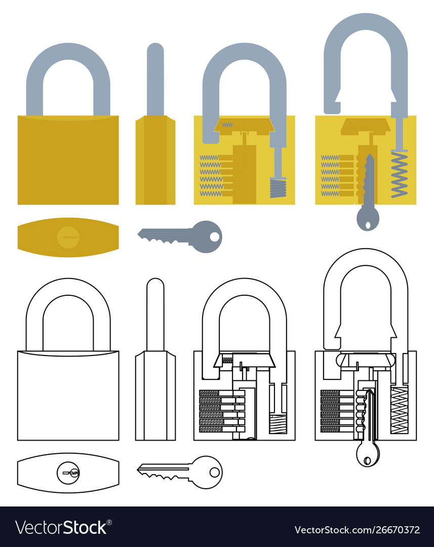 Padlock mechanism working colored and outline only
