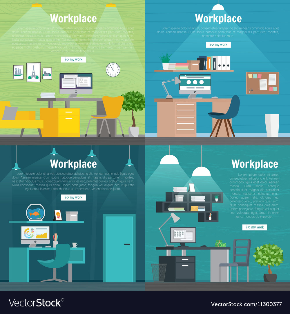Banner Set Office Workplace Interior Design Vector Image