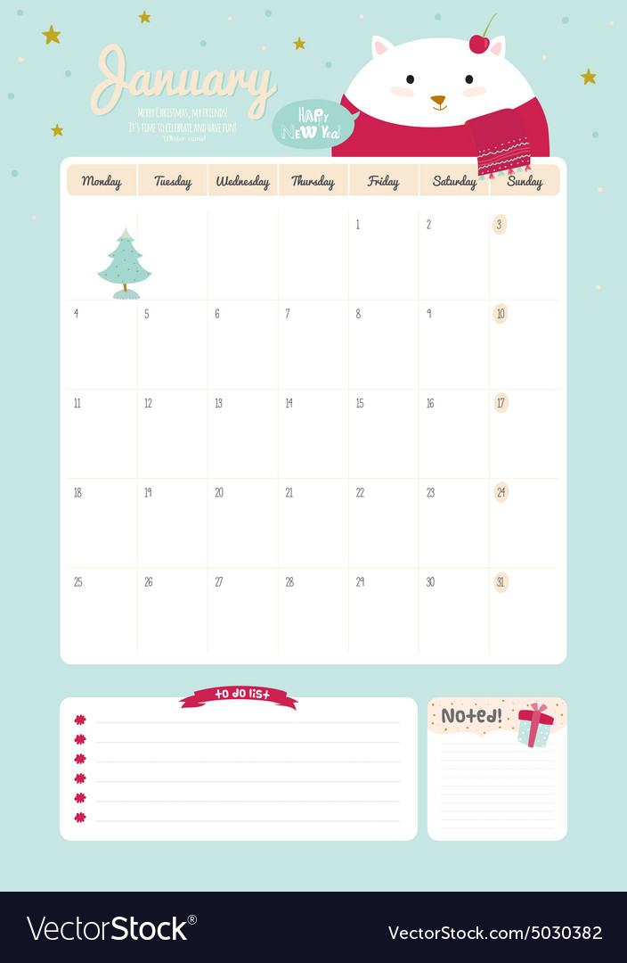 Cute Calendar Diary Template For 2016 With Animals Cute Calendar Diary Template For 2016 With Animals Vector Image
