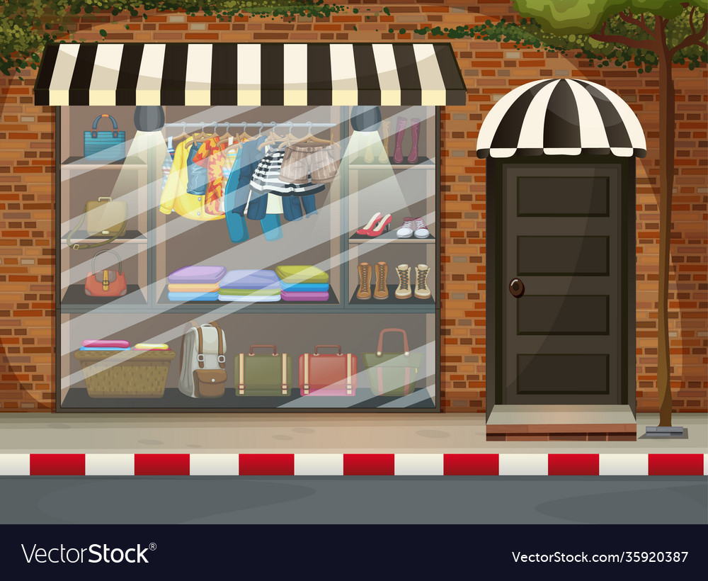 Front Clothing Store Showcase With Clothes And Vector Image