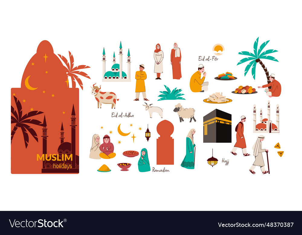 Muslim holidays icon set Royalty Free Vector Image