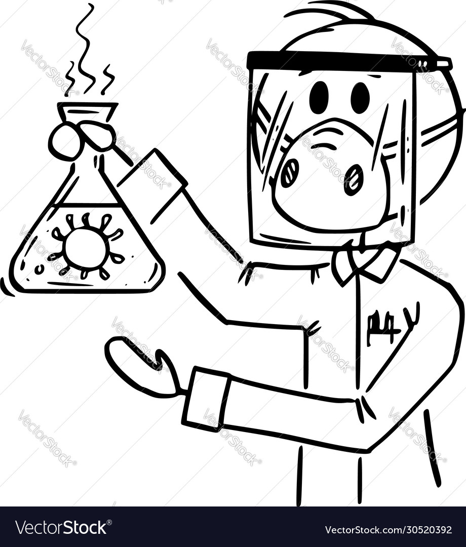 Cartoon scientist wearing face mask and shield