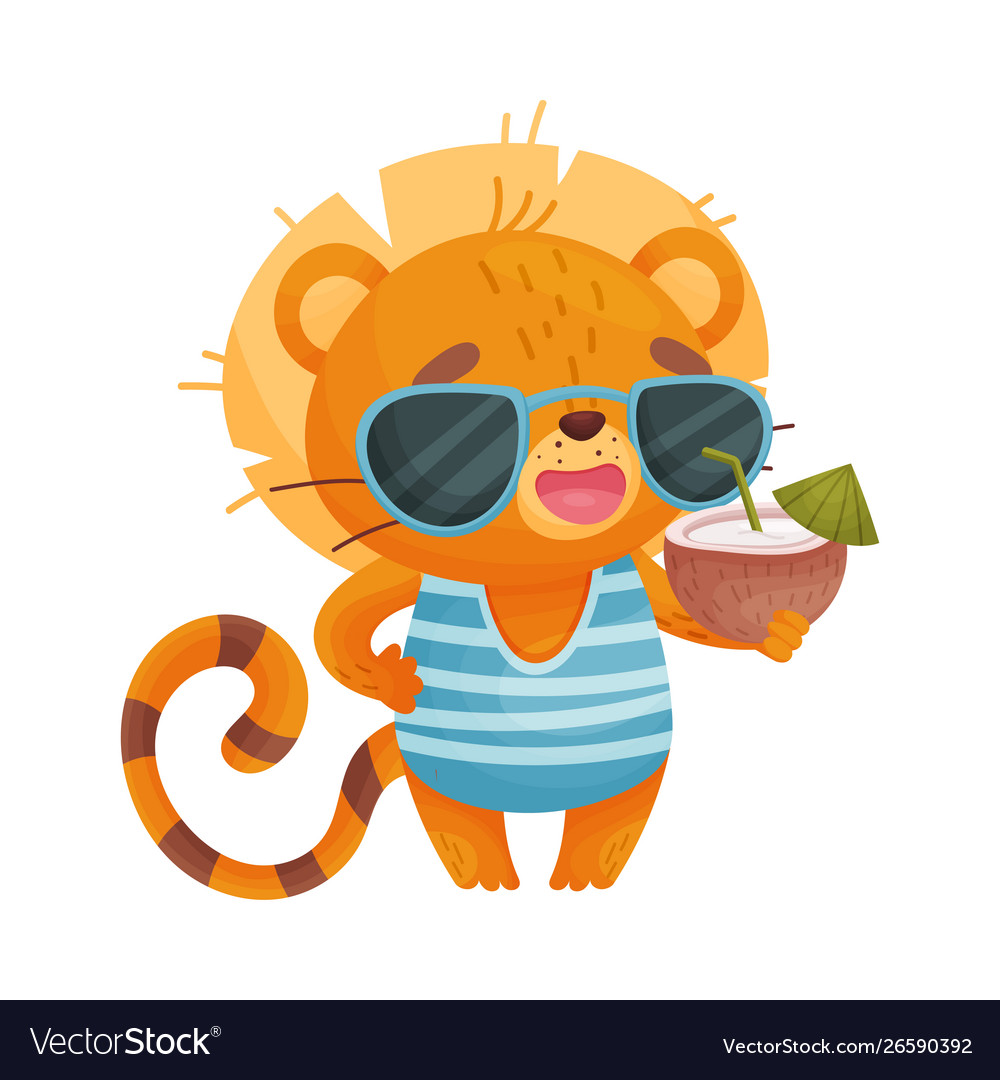 Humanized lion holds a coconut with cocktail Vector Image