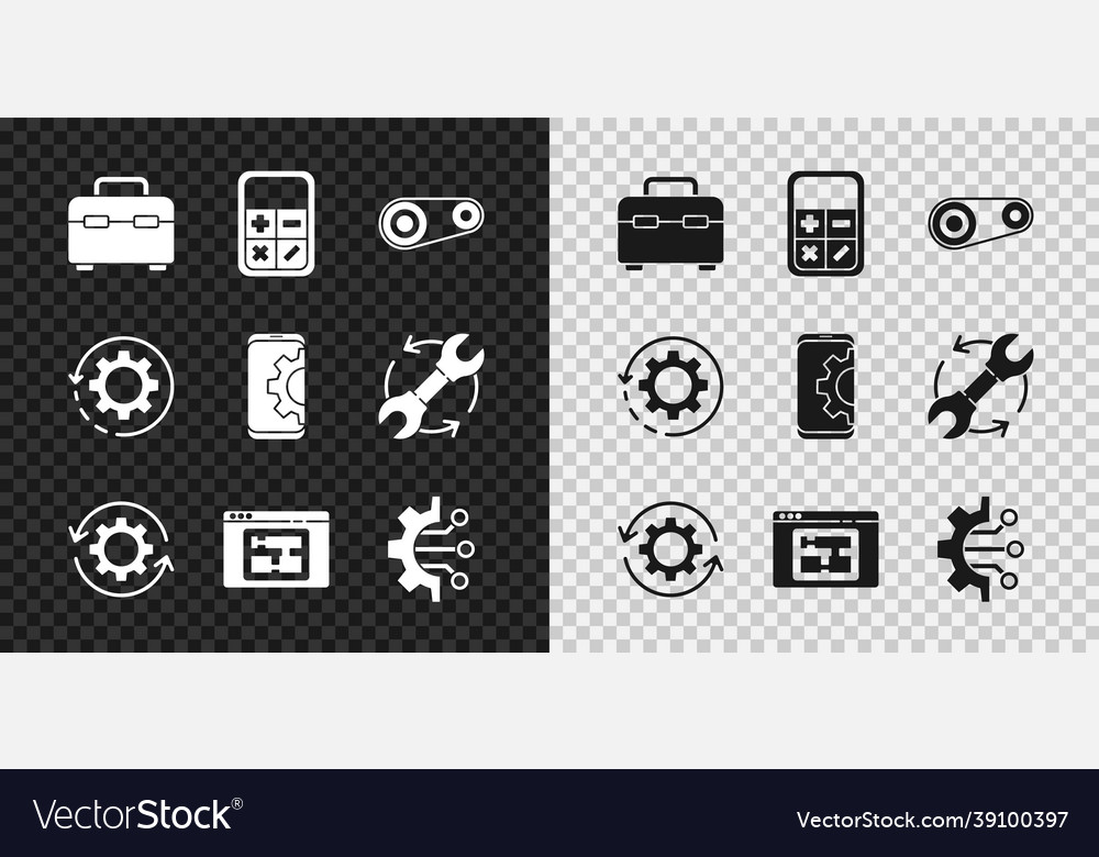 Set toolbox calculator timing belt kit gear Vector Image