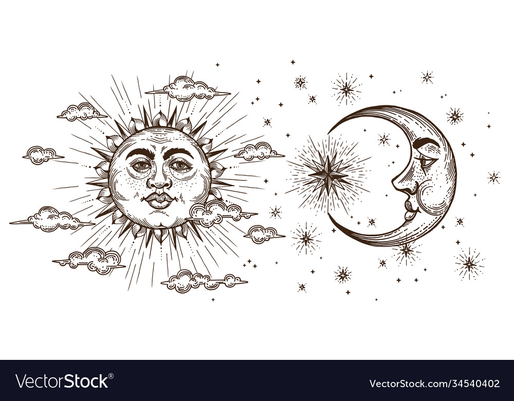 Set sun moon and crescent hand drawn Royalty Free Vector