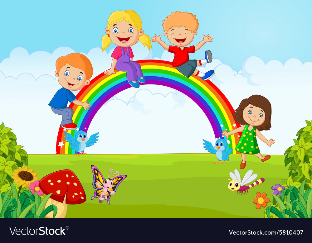 Cartoon happy kids sitting on rainbow the fores Vector Image