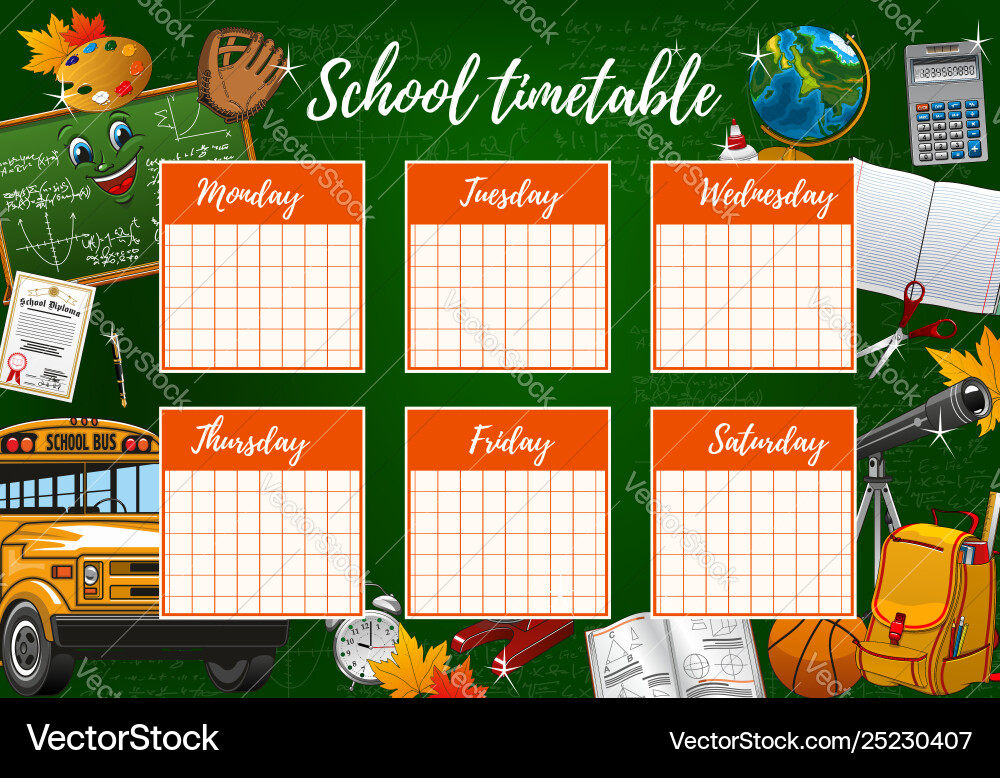 School timetable week schedule study supplies Vector Image