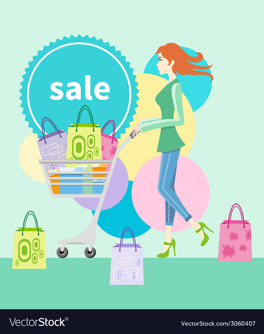 Shopping girl with trolley bag lable Royalty Free Vector