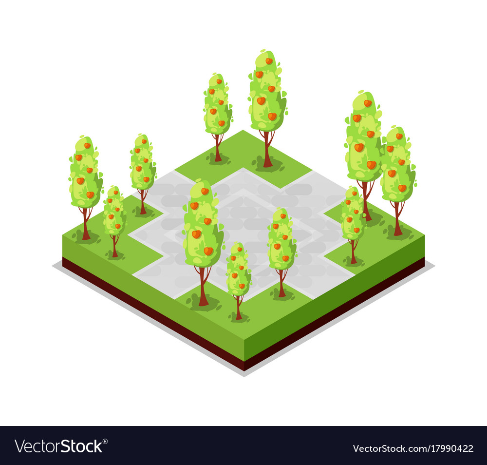 Park road and apple trees isometric 3d icon Vector Image