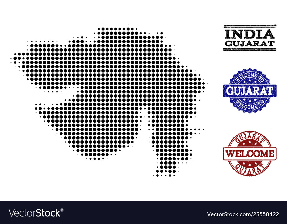 Welcome collage of halftone map of gujarat state Vector Image